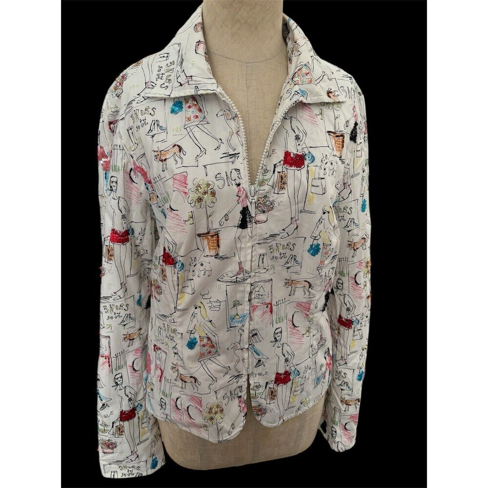 Conversational Parisian Dog Walking Boutique Embellished Print Zip Jacket Sz 6